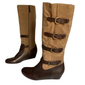 Vintage Buckle Knee High Boots Women's Leather Riding Boho Festival Sz 8 Retro